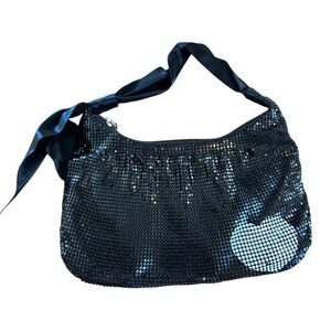 Felix Rey New York Black Mesh Evening Bag Heart Design Charm Ribbon Strap